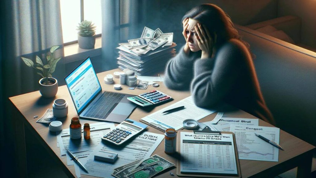 A photorealistic image capturing the emotional and financial burden of a woman experiencing financial strain due to chronic illness. The scene should depict a worried woman at a desk, surrounded by medical bills and a calculator, highlighting the overwhelming cost of treatment and care. Elements such as an open laptop showing a healthcare website, a prescription bottle, and a notepad filled with budget calculations can be included to emphasize the theme of 'what hurts more than chronic illness.' The setting should convey a sense of stress and concern, reflecting the impact of financial strain on individuals with chronic conditions.
