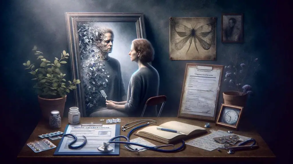 A photorealistic image depicting a woman facing an identity crisis due to chronic illness. The scene should convey a reflective moment, with the woman looking into a mirror, seeing a fragmented reflection that represents her struggle with her altered sense of self. Surrounding the mirror, symbolic items like a faded photograph of her in healthier times, a journal with personal entries, and a medical report can be included to enhance the theme of 'what hurts more than chronic illness.' The setting should evoke a feeling of introspection and the emotional turmoil associated with redefining one's identity in the face of a chronic condition.