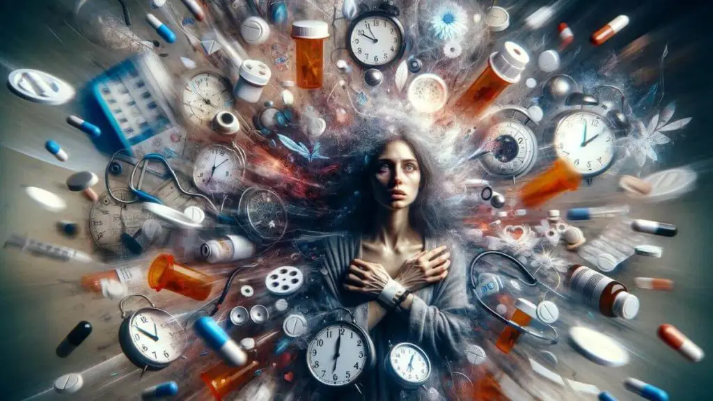 An image representing the theme of 'lack of control' in the context of 'what hurts more than chronic illness,' with a focus on the female experience. Visualize a woman in the midst of a chaotic swirl of clocks, medical equipment, and prescription bottles, symbolizing the unpredictable nature of chronic illness and its impact on her life. Her expression should convey a mix of determination and weariness, highlighting the constant struggle to maintain some semblance of control in the face of her illness. The background should be abstract or blurred, emphasizing the feeling of being overwhelmed and engulfed by her condition.