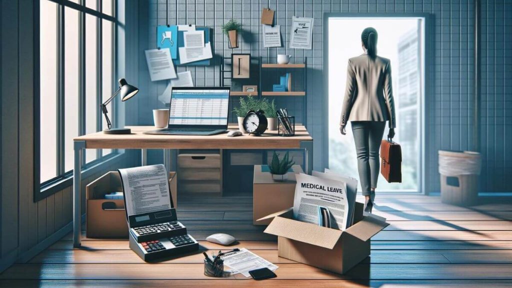 A photorealistic image depicting the challenging career transition of a woman due to her chronic illness. The scene should illustrate a woman at a crossroads, symbolized by a workspace transitioning from a corporate environment to a home-based setup, reflecting the shift towards remote work or freelancing due to health constraints. Visible elements might include a packed office box, a medical leave form, and a laptop set up for remote work. This image should embody the theme of 'what hurts more than chronic illness' by emphasizing the tough decisions and adaptations necessary to balance professional life with health needs.