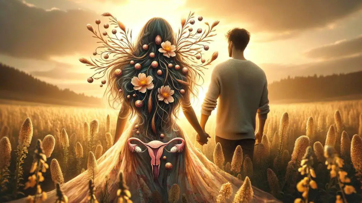 An image titled 'Loving a Woman with Endometriosis' that captures a tender moment where a couple is seen walking hand in hand through a field of wildflowers at sunset. The woman's hair is adorned with flowers that subtly resemble the form of endometrial cells, weaving her condition into her beauty. The man walks by her side, his posture protective and attentive, ensuring she feels supported and cherished. The golden hues of the sunset cast a warm light over them, symbolizing hope and the enduring nature of their love. This image reflects the journey of love and support, emphasizing the strength and resilience found in the bond between partners when facing the challenges of endometriosis together.