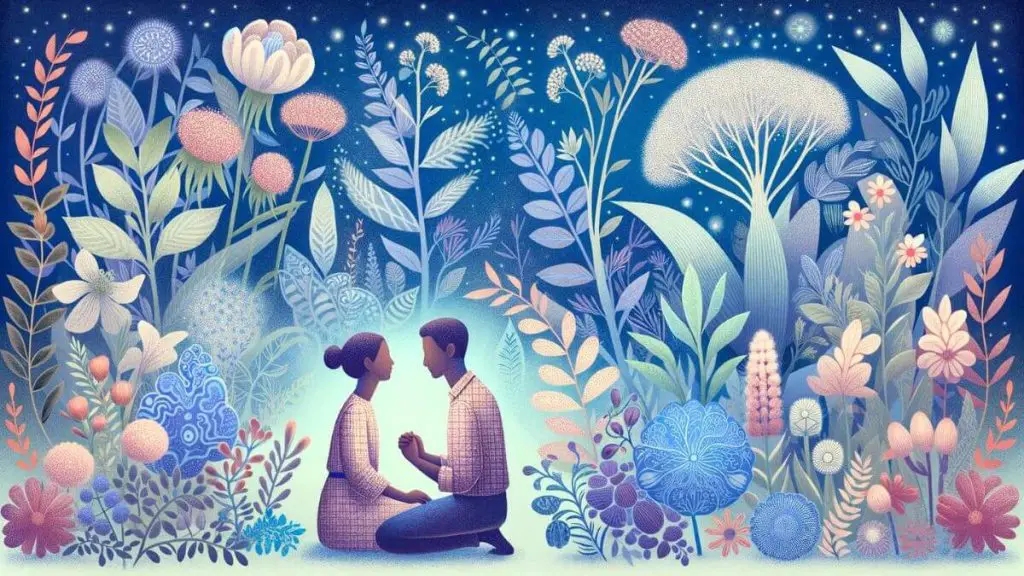 A serene illustration titled 'Loving a Woman with Endometriosis' depicting a couple in a tranquil garden, surrounded by an array of flowers, some of which subtly resemble endometrial tissue patterns. The couple is engaged in a tender moment, perhaps sharing a quiet conversation or simply enjoying each other's company. The garden represents the nurturing environment of their relationship, where understanding and care for each other's well-being allow love to flourish despite the challenges of endometriosis. This image highlights the beauty of support and empathy in a relationship affected by endometriosis, showcasing the couple's bond as they find peace and joy in their shared space.