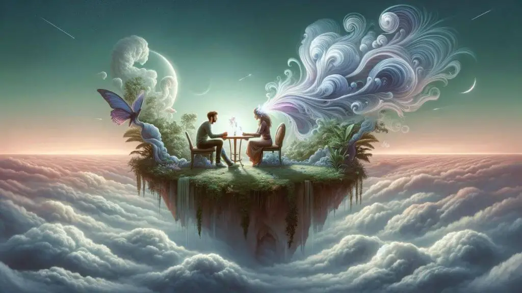 A captivating illustration titled 'Loving a Woman with Endometriosis' that portrays a couple in a surreal, floating island setting, surrounded by a sea of clouds. The island is a lush oasis with a small, cozy nook where the couple is seated, engaging in a heartfelt conversation. The woman's aura is illustrated with gentle, swirling patterns, indicative of her inner strength and the complexity of living with endometriosis. The man's demeanor is supportive and attentive, focusing entirely on her. This ethereal scene symbolizes their secluded world of understanding and empathy, where they find solace and strength away from the challenges of the external world. The floating island amidst the clouds represents their elevated bond, untethered by the condition's constraints.