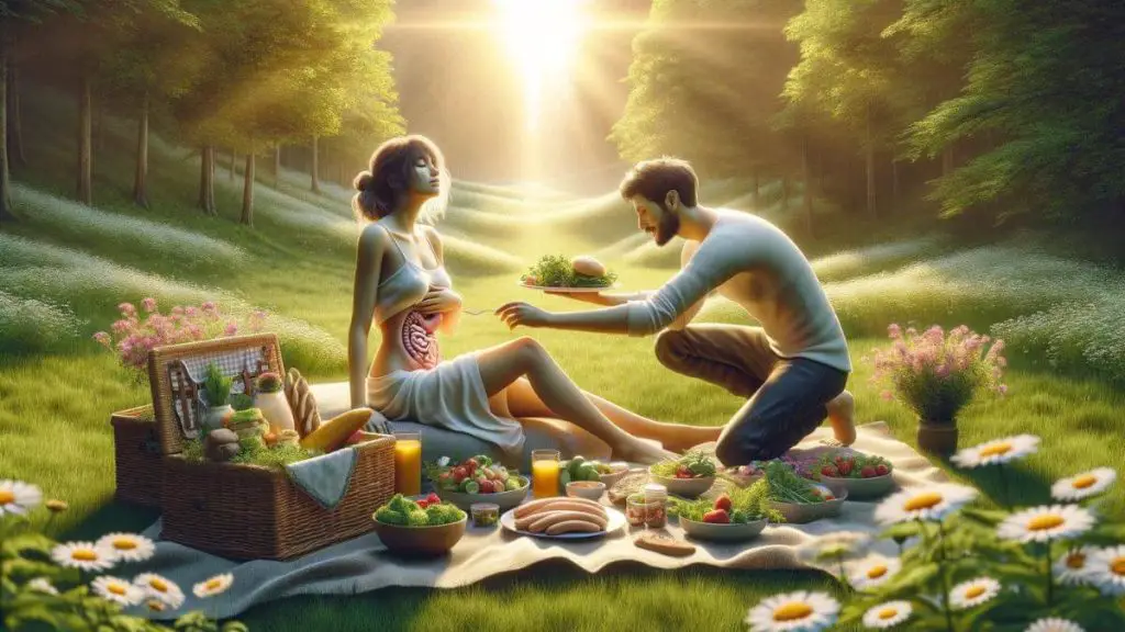 A photorealistic image titled 'Loving a Woman with Endometriosis' showcasing a couple enjoying a peaceful picnic in a lush, sun-drenched meadow. The woman is seated comfortably on a picnic blanket, surrounded by a spread of healthy, nourishing foods. The man is playfully serving her a plate, his actions filled with care and attention. The natural setting, vibrant with flowers and greenery, symbolizes the growth and renewal of their relationship despite the challenges of endometriosis. This scene captures the joy and simplicity of spending quality time together, emphasizing the couple's commitment to nurturing their bond and supporting each other through life's challenges.