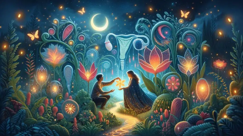 An imaginative illustration titled 'Loving a Woman with Endometriosis' depicting a fantastical scene where a couple is tending to a magical garden at night. The garden is filled with luminous plants and flowers, some of which have patterns resembling endometrial cells, symbolizing the woman's condition. The couple is seen working together to nurture this enchanting environment, with the man gently handing the woman a glowing flower, a metaphor for support and understanding. Fireflies and soft, mystical light fill the scene, adding to the magical realism and conveying a sense of hope, care, and the beauty of their shared journey despite the challenges of endometriosis.