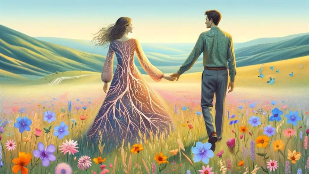 A touching image titled 'Loving a Woman with Endometriosis' depicting a couple holding hands while walking through a meadow filled with wildflowers. The woman's dress has subtle patterns that mimic the appearance of endometrial cells, symbolizing her condition. The man walks beside her, his expression filled with love and admiration, offering support and understanding. The vibrant meadow under a clear sky represents the journey they share, filled with challenges but also beauty and moments of joy. This image captures the essence of companionship and the unwavering support necessary in loving a woman with endometriosis.