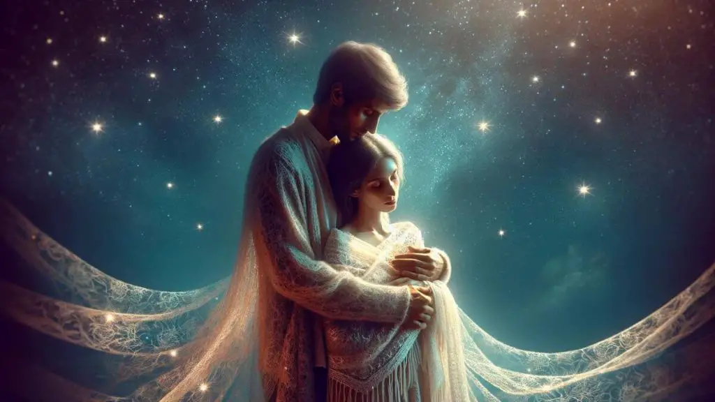 A tender and evocative image titled 'Loving a Woman with Endometriosis' depicting a couple in a gentle embrace under a canopy of stars. The woman is wrapped in a soft, glowing shawl that subtly mimics the patterns of endometrial tissue, symbolizing her condition. The man holds her with care and affection, his posture protective yet gentle. The stars above them shine brightly, representing hope, understanding, and the infinite depth of their love. This scene captures the beauty and strength of loving someone with endometriosis, highlighting the importance of support, empathy, and unconditional love in the relationship.