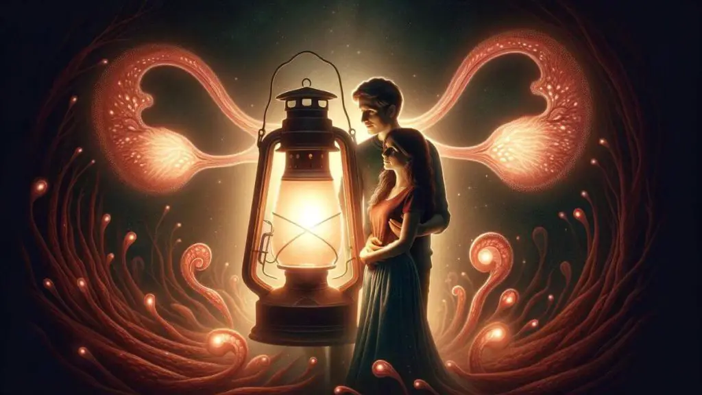 An inspiring image titled 'Loving a Woman with Endometriosis' featuring a couple standing together, holding a lantern that casts a soft, warm glow in the surrounding darkness. The light from the lantern illuminates their faces, showing expressions of hope and determination. The lantern's light also reveals subtle patterns in the background that resemble endometrial cells, symbolizing the presence of endometriosis in their lives. This image symbolizes the couple's journey through the darkness, guided by their love and the light of understanding and support they provide each other. It highlights the power of love and partnership in navigating the challenges of endometriosis.