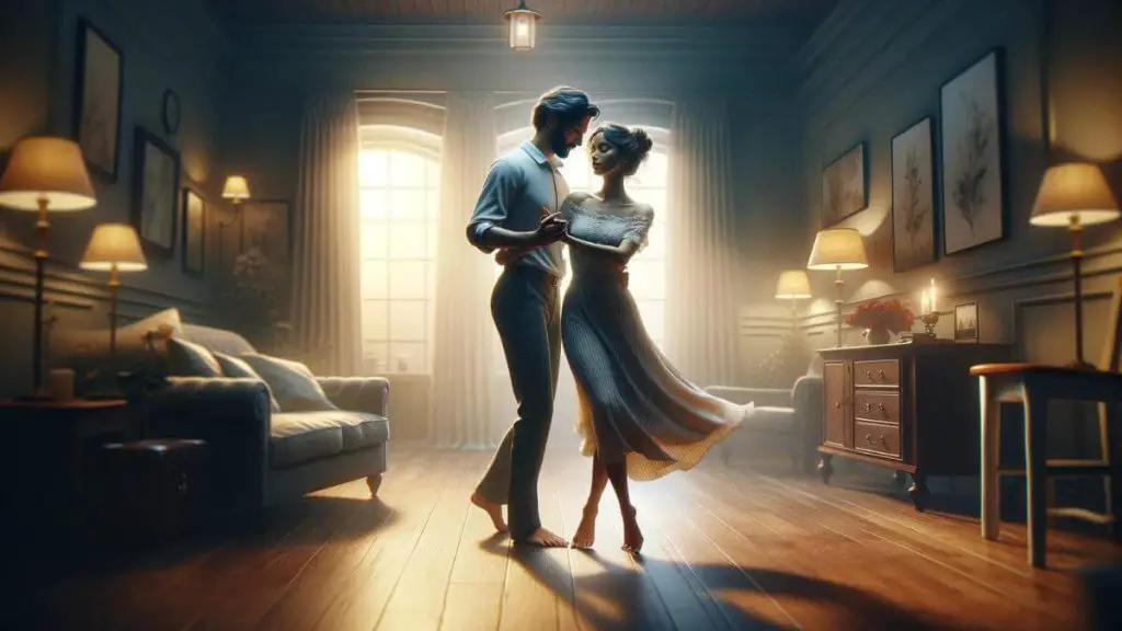 An image titled 'Loving a Woman with Endometriosis' that captures a heartfelt moment of a couple dancing in their living room, lost in the music and in each other. The woman, graceful and strong despite her battle with endometriosis, is led in a gentle dance by her partner, whose eyes are filled with admiration and love. The room is softly lit, creating a romantic and intimate ambiance that envelops them. This dance symbolizes the rhythm of their life together, moving through the challenges with grace and unity. The scene conveys the message that love, understanding, and joy can thrive even in the midst of life's trials, celebrating the resilience and bond of a couple loving through endometriosis.