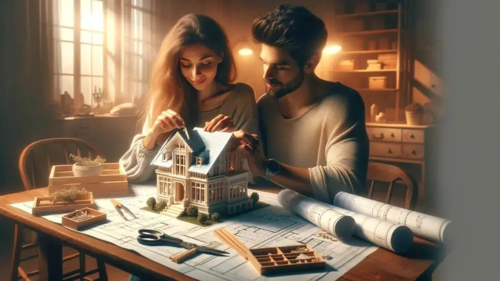 A touching scene titled 'Loving a Woman with Endometriosis' depicting a couple building a model home together, symbolizing their dreams and future. The model home, intricate and beautiful, sits on a table surrounded by blueprints and crafting tools, representing their collaborative effort and planning. The woman, with a gentle smile, places the final piece, while the man watches with pride and admiration. This activity reflects their teamwork and shared vision, despite the challenges posed by endometriosis. The warm and inviting atmosphere of the room, filled with soft light and comforting decor, underscores the safety and love in their relationship, highlighting the idea that together, they can build a beautiful life, no matter the obstacles.