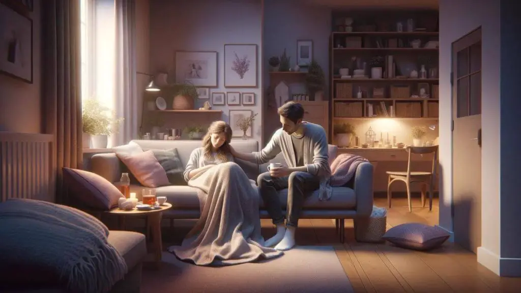A photorealistic depiction titled 'Loving a Woman with Endometriosis' showing a couple at home, with the woman resting during a flare-up. The living room is cozy and filled with comforting items like blankets and cushions, creating a nurturing environment. The man is seen providing care, perhaps making her tea or simply sitting by her side, offering a comforting presence. The attention to detail in their surroundings, from the soft lighting to the personal touches that make the space feel safe and welcoming, emphasizes the everyday realities and the depth of care involved in loving a woman with endometriosis.