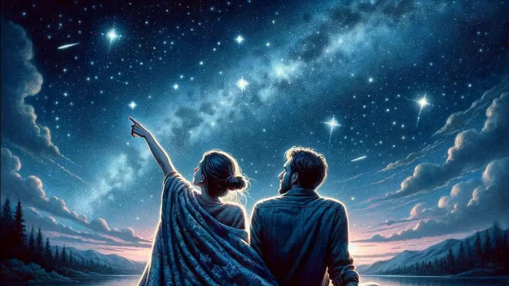 A poetic image titled 'Loving a Woman with Endometriosis' capturing a couple stargazing on a clear night. They are wrapped in a blanket, with the woman pointing towards the stars, sharing her dreams and aspirations. The man listens intently, his arm around her, providing warmth and security. The night sky, vast and filled with stars, represents the endless possibilities and the enduring hope they share. This tranquil moment under the cosmos symbolizes their journey together, facing the challenges of endometriosis with love, understanding, and an unwavering commitment to each other. The image conveys the message that together, they can navigate any uncertainty and find beauty in every moment.