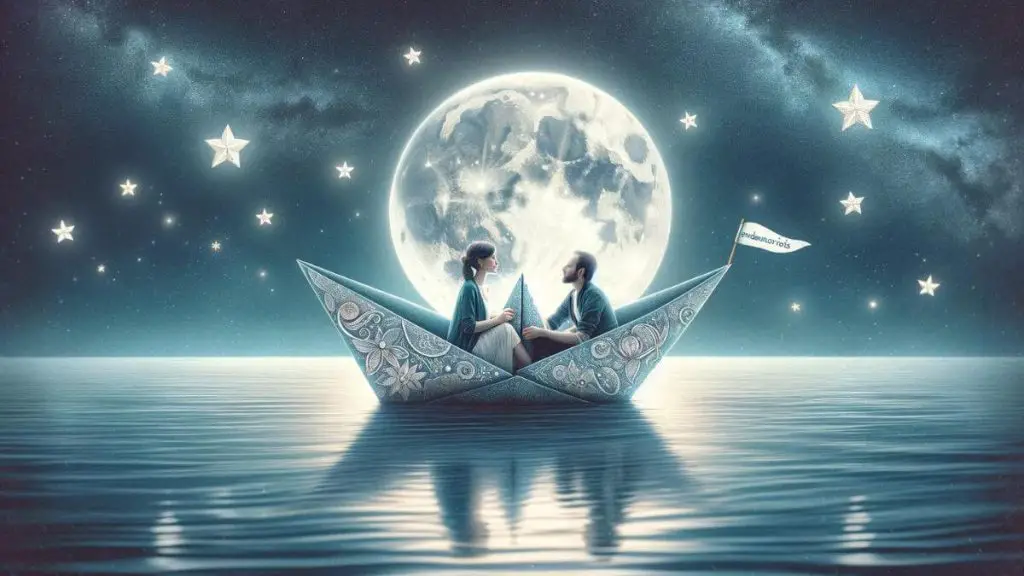 A whimsical image titled 'Loving a Woman with Endometriosis' showcasing a couple sailing in a paper boat on a serene, moonlit lake. The paper boat is adorned with intricate designs that subtly reflect the complexity of endometriosis. The couple is relaxed and content, enjoying the quiet journey together under the stars. The calm water and the gentle motion of the boat symbolize the peaceful moments and understanding shared between them. This scene captures the imaginative and supportive essence of their relationship, emphasizing the idea that love and companionship can create a sense of tranquility and escape, even amidst life's challenges.