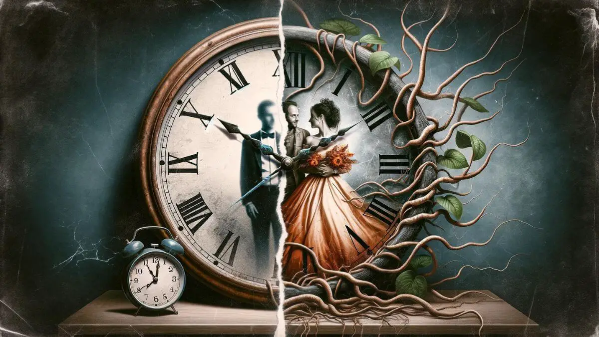 A poignant depiction of 'Endometriosis Divorce Rate' through the image of two clocks showing different times, set against a backdrop of a fading photograph of a couple in happier times. The first clock, vibrant and intact, represents the time before endometriosis impacted the relationship, while the second clock is fractured and its hands are entangled in thorny vines, symbolizing the disruption and fragmentation brought into the relationship by endometriosis. The contrast between the two clocks highlights the before and after effects of the condition on marriages, underscoring the temporal and emotional shifts that contribute to the divorce rate among couples dealing with endometriosis.