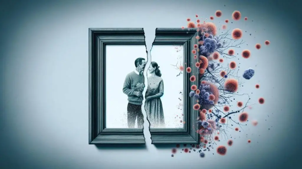 A compelling visual narrative that delves into 'Endometriosis Divorce Rate' through the depiction of a fractured picture frame. The frame holds an image of a couple in a happier time, but it's now split down the middle, with one side remaining clear and the other side blurred and overlaid with faint imagery of endometrial cells. This split symbolizes the divide that endometriosis can create within a relationship, leading to emotional distance and, in some cases, divorce. The stark contrast between the two halves of the image serves as a poignant reminder of the before and after impact of endometriosis on couples, highlighting the challenges they face in maintaining their bond.