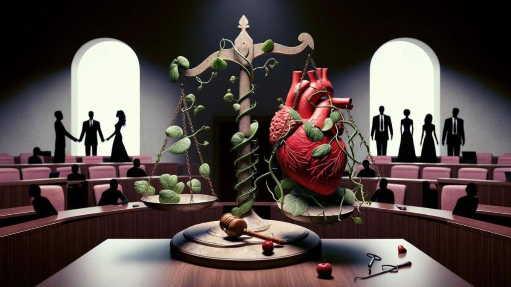 A thought-provoking image that visually interprets the concept of 'Endometriosis Divorce Rate.' The scene is set in an abstract courtroom, where the scales of justice are unevenly balanced. On one side of the scale, a vibrant, healthy heart symbolizes a strong marital bond, while on the other side, a heart entangled in thorny vines, representing endometriosis, weighs down heavily, causing an imbalance. The background of the courtroom is adorned with silhouettes of couples in various postures of disconnect and reconciliation, reflecting the range of outcomes in marriages affected by endometriosis. This image aims to capture the complex interplay between health challenges and marital stability, highlighting the impact of endometriosis on relationships.