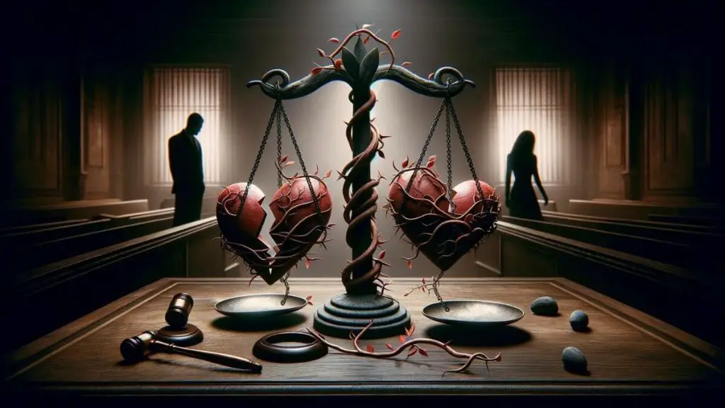 An evocative image depicting the intricate relationship between endometriosis and its impact on marital relationships, leading to divorce. The scene is set in a courtroom, where two halves of a broken heart, each half entwined with thorny vines symbolizing endometriosis, are presented as evidence on a scale of justice. The balance tips under the weight of the vines, illustrating how the burden of endometriosis can tip the scales towards divorce. In the background, the silhouette of a couple stands apart, their distance from each other emphasized by a stark, shadowy divide, reflecting the emotional separation caused by the strain of the condition. The somber tones and dim lighting of the courtroom add to the gravity of the situation, underscoring the serious impact of endometriosis on the divorce rate among affected couples.