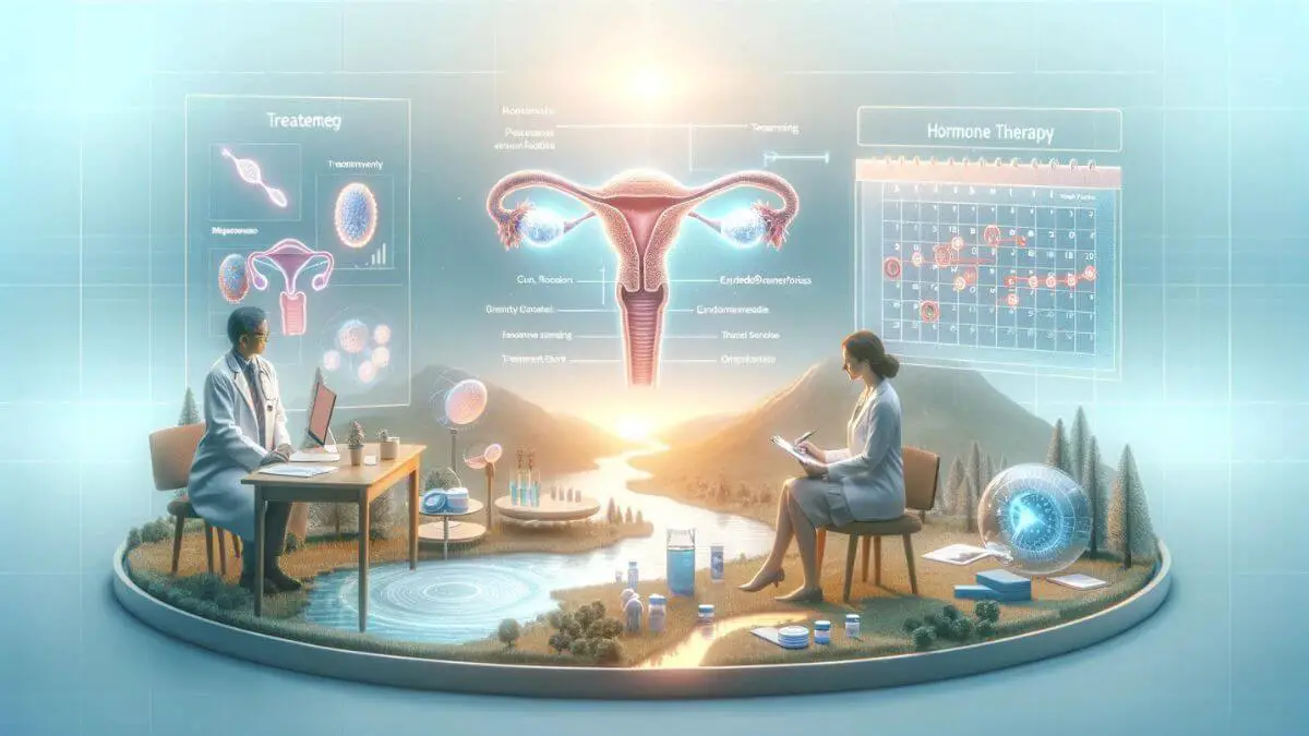 Visualize a photorealistic scene illustrating the impact of hormone therapy on endometriosis, incorporating the latest research findings. The image could feature a serene and hopeful setting, such as a patient consultation room with a clear, informative chart on hormone therapy for endometriosis. Include elements like a calendar marked with treatment milestones, a model of the female reproductive system showing improvement, and a doctor or researcher presenting treatment options to a patient, symbolizing personalized care and advanced treatment strategies. The overall atmosphere should convey a message of optimism, understanding, and scientific progress in the treatment of endometriosis through hormone therapy.