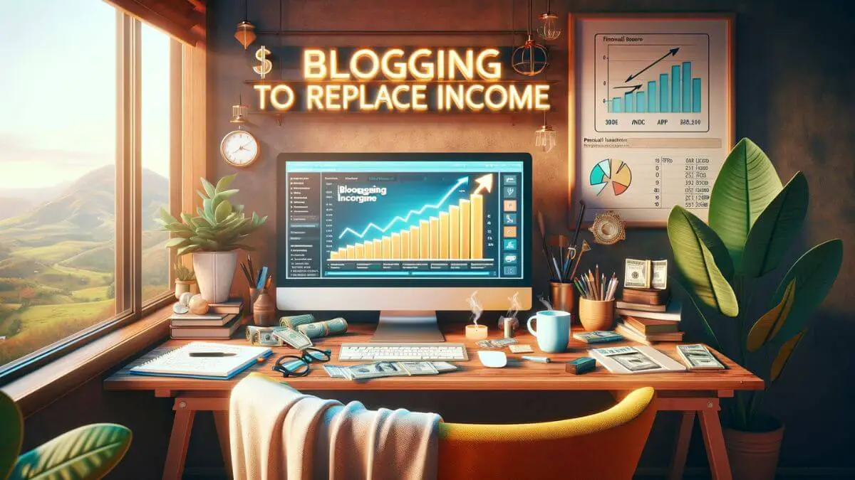 Tips for Blogging to Replace Income for Ill Spouse. An image visualizing the theme of 'Blogging to Replace Income', depicting a home office setup designed for productivity and success in blogging, highlighting the potential for financial independence through dedicated effort.