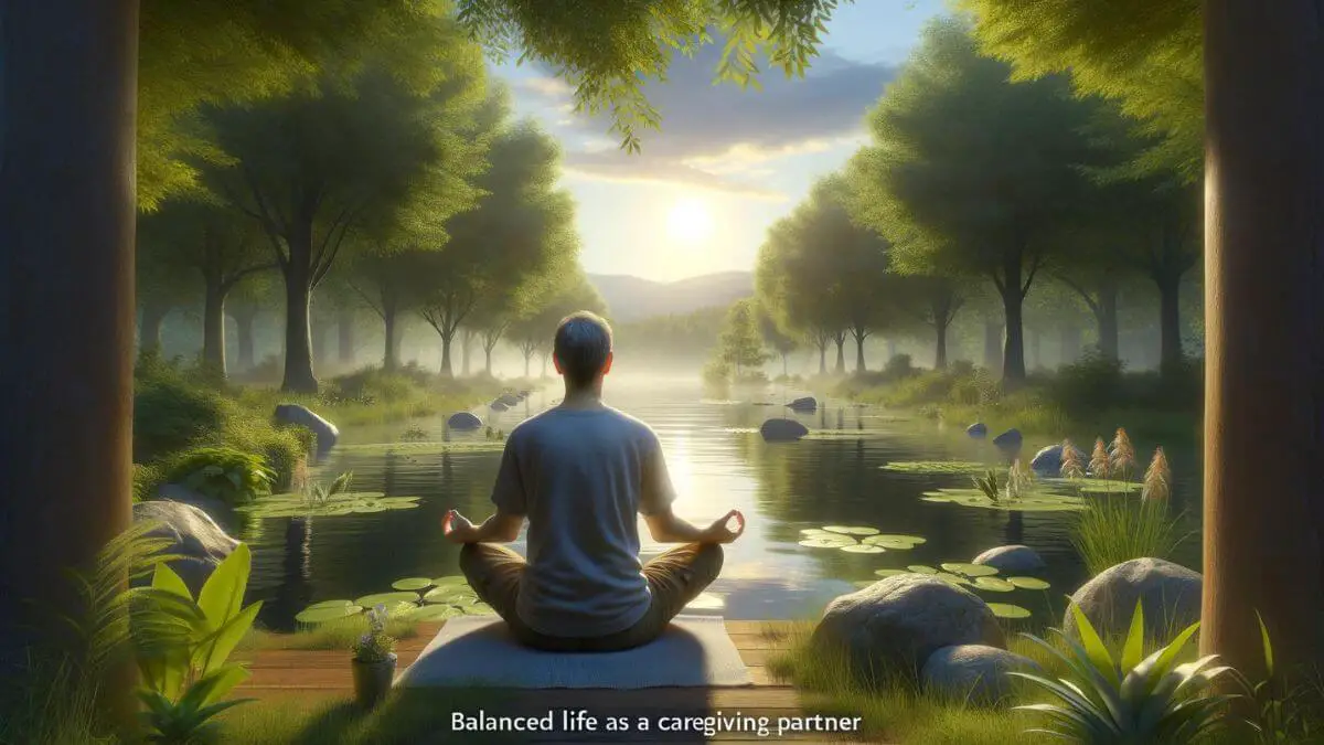 A photorealistic image titled 'balanced life as a caregiving partner' capturing a serene moment of the partner meditating in a tranquil outdoor setting, perhaps by a lake or in a quiet park. This scene symbolizes the importance of mental and emotional well-being, showing the partner finding peace and clarity amidst the complexities of caregiving. The natural surroundings, with gentle water, trees, and perhaps wildlife, reflect the healing power of nature and the need for caregiving partners to reconnect with themselves. This image emphasizes the crucial balance between caregiving responsibilities and personal inner peace, illustrating the path to maintaining a balanced life as a caregiving partner.