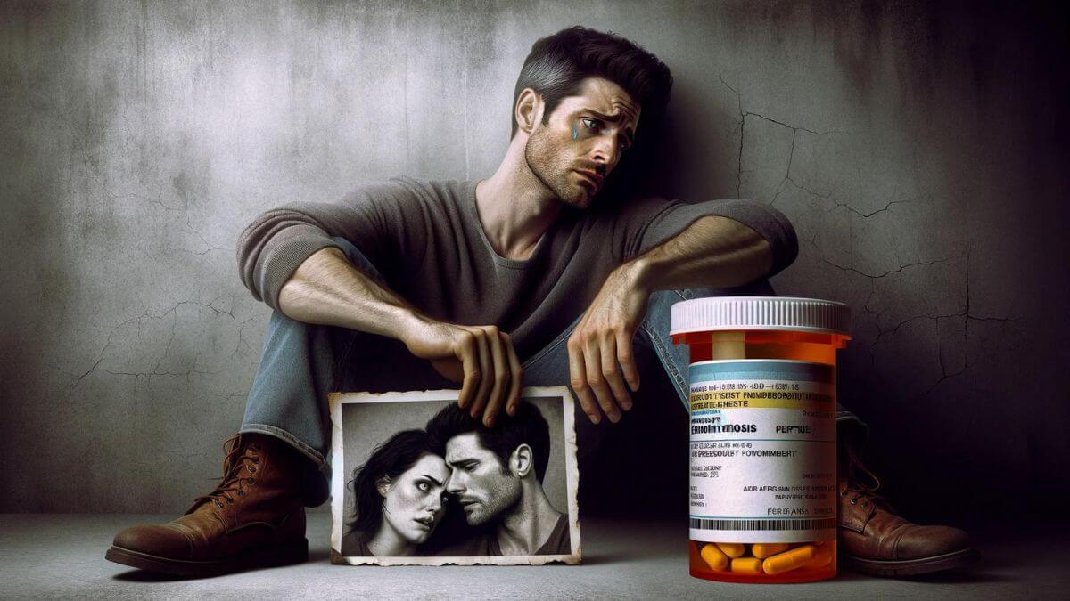 A photorealistic image titled 'The Silent Struggle of Healthy Partners Feeling Overlooked' illustrating a man leaning against a wall, lost in thought, with a faded photo of him and his partner in healthier times in one hand, and a current prescription bottle for endometriosis in the other. The stark contrast between the photo and the medication underscores the journey they've been through. His expression is one of mixed emotions – love, concern, and a sense of being overshadowed by the illness. This powerful image reflects the emotional complexity and the often-overlooked personal challenges faced by healthy partners in their silent support for loved ones battling chronic conditions like endometriosis.