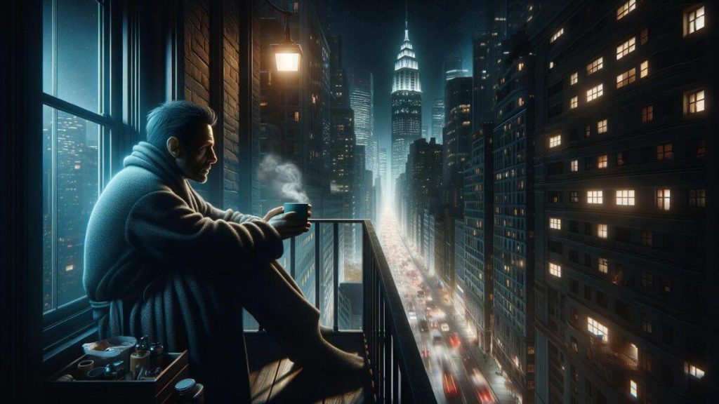 A photorealistic portrayal titled 'The Silent Struggle of Healthy Partners Feeling Overlooked' capturing a man in a moment of solitude on a balcony at night, looking out at the city lights. He holds a cup of coffee, a symbol of his attempt to find brief moments of respite in his caregiving role. The contrast between the bustling city and his quiet contemplation emphasizes the isolation and emotional depth of his experience. This image reflects the inner world of healthy partners who often stand in the shadow, providing unwavering support while grappling with their own sense of being overlooked amid the challenges of caring for a chronically ill partner.