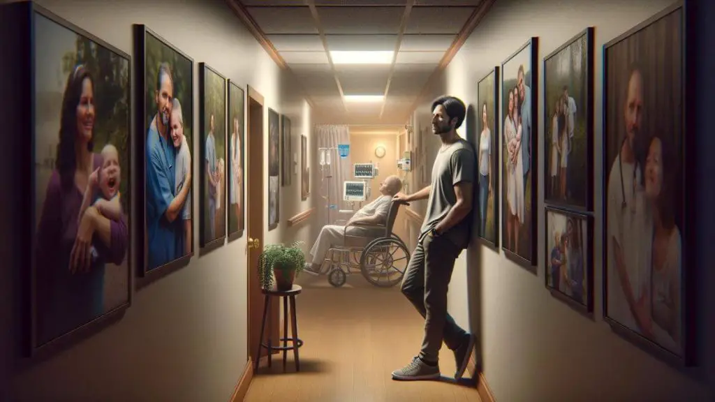 A photorealistic image titled 'The Silent Struggle of Healthy Partners Feeling Overlooked' showing a man pausing in a corridor, leaning against the wall, his expression a blend of fatigue and determination. The hallway is adorned with family photos, some of which include his partner in healthier times, juxtaposed with the current reality of medical equipment visible in the adjoining room. This moment of reflection highlights the emotional toll and the silent endurance required of healthy partners, emphasizing the contrast between past happiness and present caregiving responsibilities, and the often-unrecognized personal sacrifices they make.