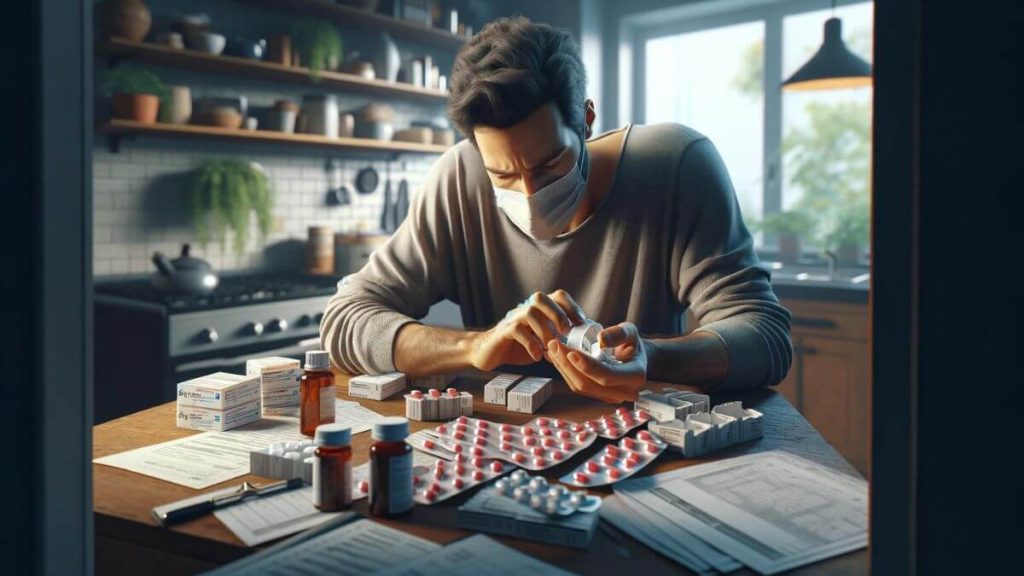 A photorealistic image titled 'The Silent Struggle of Healthy Partners Feeling Overlooked' showcasing a man at home, meticulously organizing medication and medical records related to his partner's endometriosis treatment. The focus is on his hands, carefully handling the medication, with a look of concentration and concern. The background, a kitchen or living room, is filled with everyday life's warmth, contrasting with the clinical nature of the task. This scene highlights the often unseen, behind-the-scenes effort and emotional investment of healthy partners in managing the complexities of a chronic condition like endometriosis, reflecting their silent struggle and the depth of their care and support.