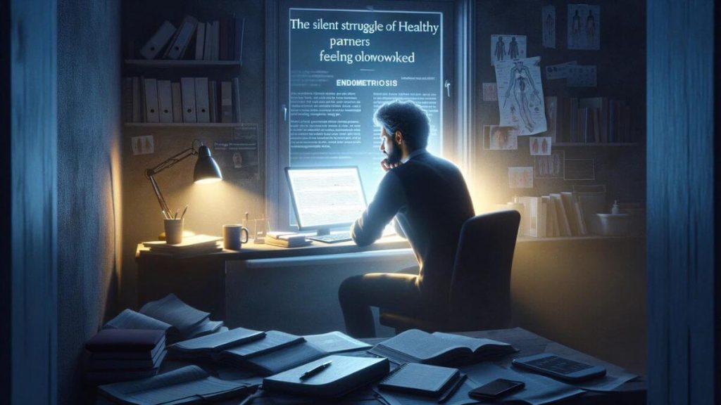 A photorealistic image titled 'The Silent Struggle of Healthy Partners Feeling Overlooked' capturing a man alone in a dimly lit room, his face illuminated by the soft glow of a computer screen as he researches endometriosis. The room is filled with notes, medical journals, and a cup of coffee, signifying the long hours spent seeking understanding and solutions for his partner's condition. This moment of solitude highlights the dedication and often unrecognized effort of healthy partners in educating themselves about chronic illnesses like endometriosis, emphasizing their desire to provide the best possible support despite feeling overlooked in the caregiving narrative.