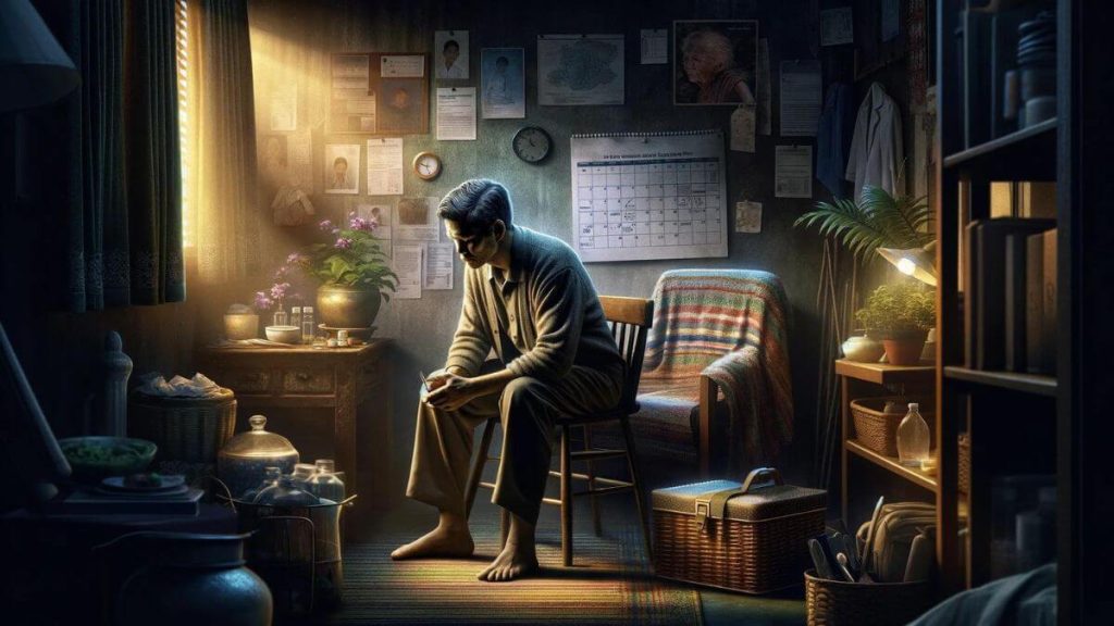 A poignant photorealistic image titled 'The Silent Struggle of Healthy Partners Feeling Overlooked' showing a man sitting alone in a dimly lit corner of a room, his face a mixture of resilience and hidden sorrow. The background subtly includes elements that indicate the care he provides: medical supplies, a calendar marked with medical appointments, and a cozy yet empty chair beside him, suggesting the presence of his chronically ill partner. Despite his crucial role, there's a sense of isolation and the weight of being unseen in his silent vigil. This image captures the complex emotions of healthy partners who dedicate themselves to caregiving, often without acknowledgment of their own emotional needs and struggles.