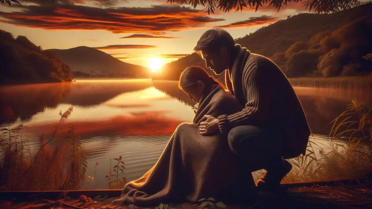 A poignant scene at sunset by a serene lake, capturing the essence of love and support. In the foreground, a man tenderly wraps a warm blanket around a woman, who is visibly battling the fatigue of her chronic diseases. The background features the serene lake reflecting the warm hues of the sunset, symbolizing hope and tranquility. The image encapsulates the theme of 'loving a woman with two chronic diseases', showcasing a moment of genuine care, understanding, and unwavering support amidst life's challenges.