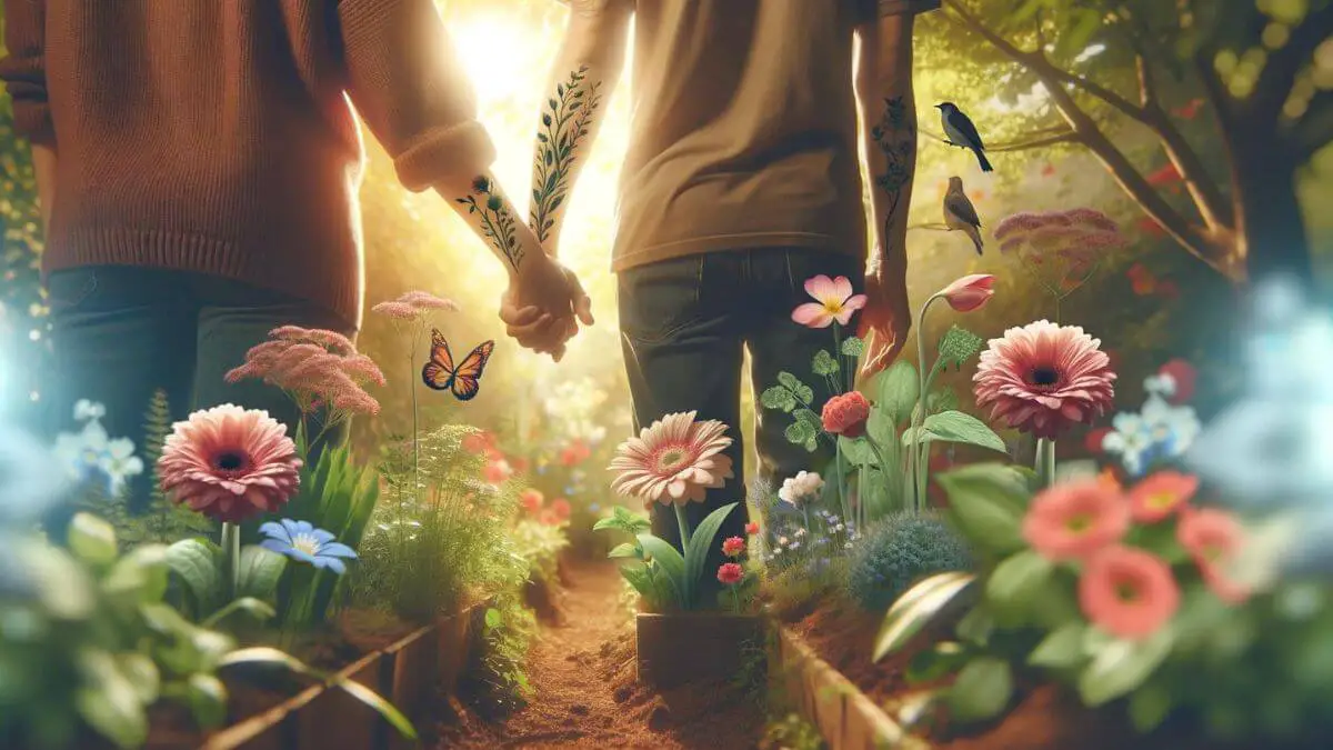 A couple holding hands and walking through a garden filled with various flowers, symbolizing growth and healing. The atmosphere is serene and hopeful, with soft sunlight filtering through the trees, casting gentle shadows. The couple appears content, reflecting the mutual support and understanding between them. Birds can be seen in the background, adding to the peaceful ambiance. The image captures the essence of navigating challenges together, emphasizing companionship and the beauty of overcoming obstacles as a unit.