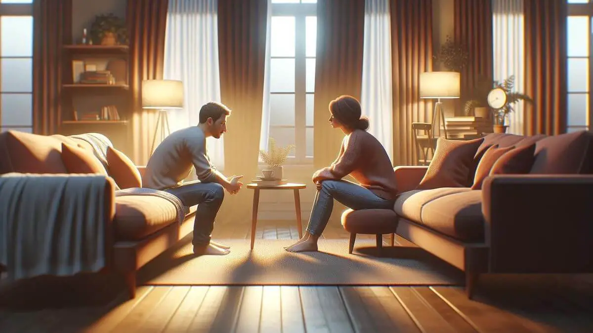 A photorealistic image depicting a couple deeply engaged in a supportive conversation in a cozy and softly lit living room. The setting is intimate, with comfortable furniture and warm colors, providing a safe space for vulnerability and understanding. This scene symbolizes the importance of open communication in overcoming marital challenges posed by endometriosis. The focus is on the couple's emotional connection and mutual support, with no distractions from text or external elements, ensuring the emphasis remains on the theme of overcoming challenges together.