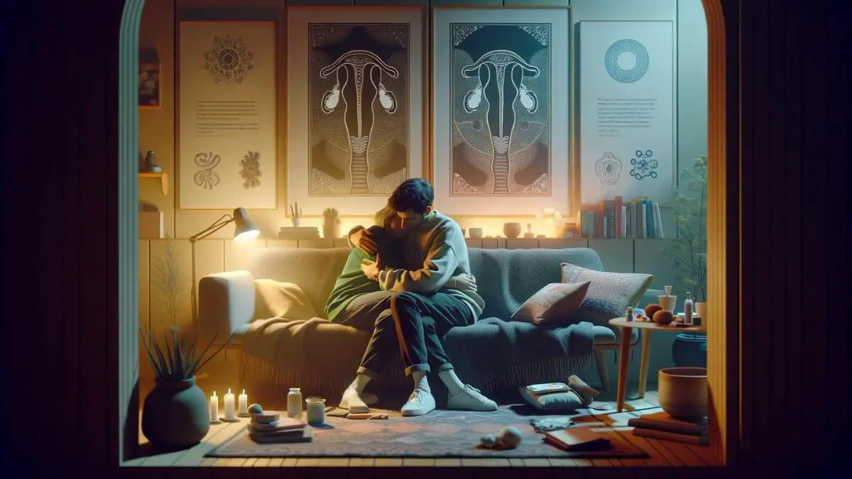 A visual story titled 'The Impact of Endometriosis on Spouses' depicted through the scene of a couple embracing in a quiet moment of comfort and solace. The setting is a cozy corner of their home, filled with soft lighting and comforting elements like cushions and a warm blanket. The embrace is tender and protective, conveying a sense of understanding, empathy, and shared strength in facing the challenges of endometriosis together. The background elements subtly include symbolic references to endometriosis, such as artwork or patterns, that blend into the homely atmosphere, emphasizing the ever-present, yet manageable, influence of the condition on their lives and relationship.