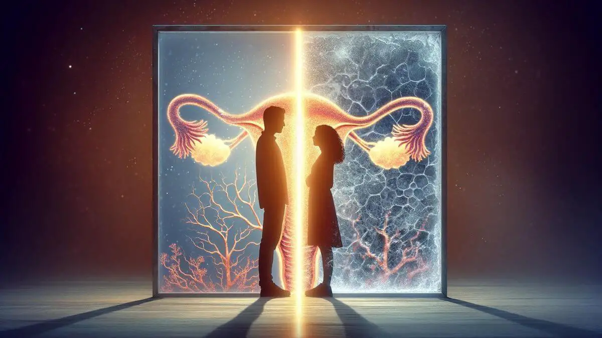 A compelling visual designed to convey 'Understanding Endometriosis Marital Breakdown.' The image presents a split-frame narrative: on one side, a couple stands together, enveloped in a warm, glowing light, symbolizing the strength and unity of their relationship before the onset of endometriosis. The other side of the frame is cooler, with the same couple now separated by a thick, translucent wall that is cracked and stained with the silhouette of endometriosis' cellular structure. This wall represents the invisible yet formidable barrier that endometriosis creates in relationships, leading to misunderstandings and distance. The contrast between warmth and coldness, light and shadow, visually encapsulates the shift from harmony to discord, emphasizing the critical need for empathy and understanding in overcoming the challenges posed by endometriosis.