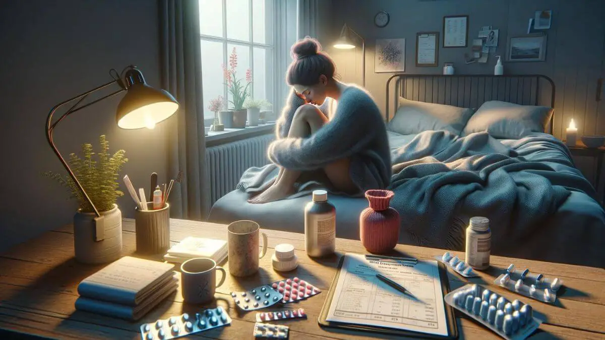 A photorealistic image illustrating the daily struggle and fatigue that come with managing a chronic illness like endometriosis. The scene should capture a woman at the end of a long day, sitting on her bed with a weary expression, surrounded by items that indicate her daily battle: pain relief medication, a hot water bottle, and a daily planner filled with medical appointments and reminders. The environment should feel intimate and personal, with soft lighting and comforting elements like a cozy blanket and a bedside lamp, to emphasize the theme of 'what hurts more than chronic illness' by showcasing the constant, exhausting fight against the condition.
