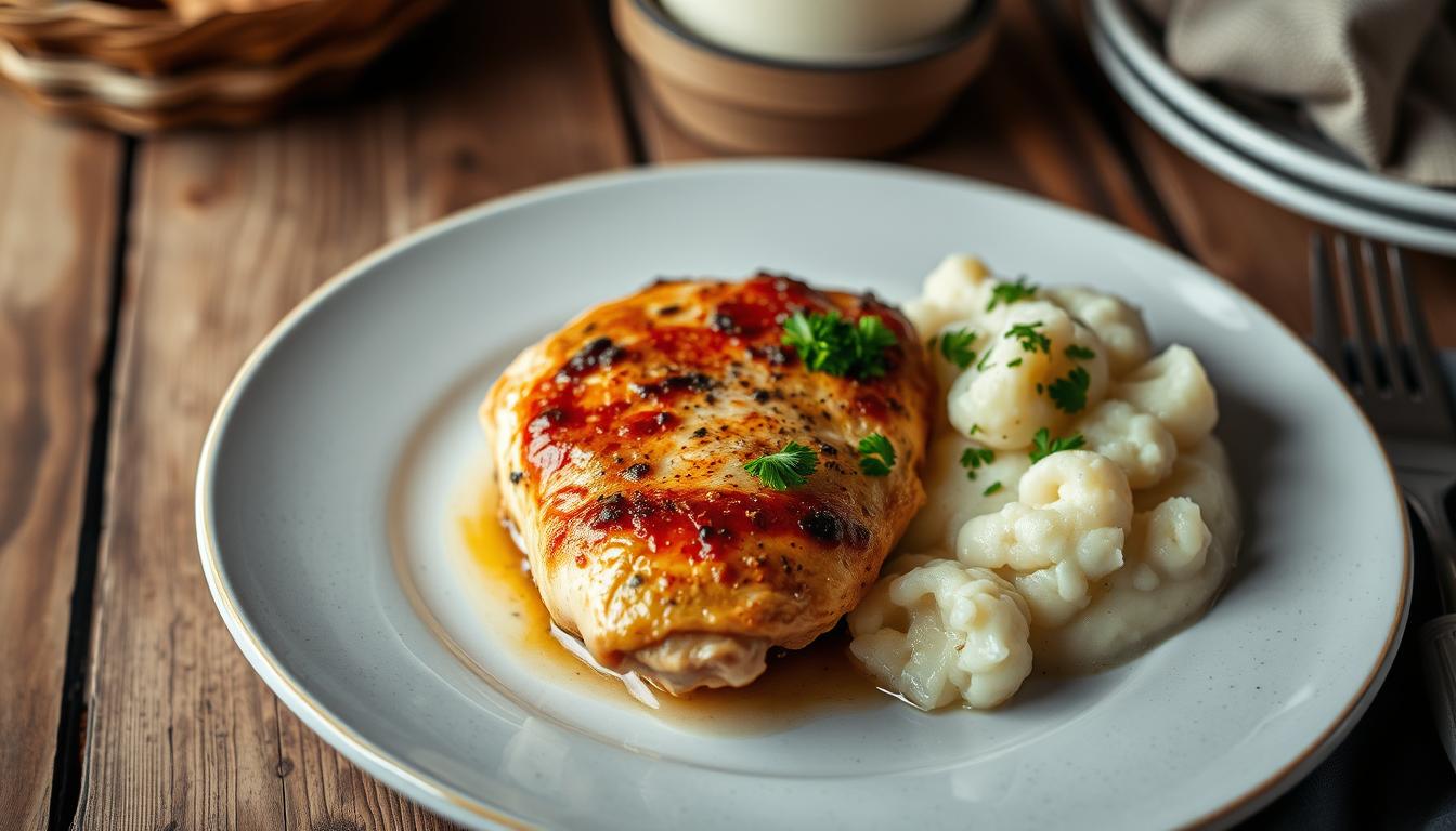 Baked chicken with mashed cauliflower for fibromyalgia