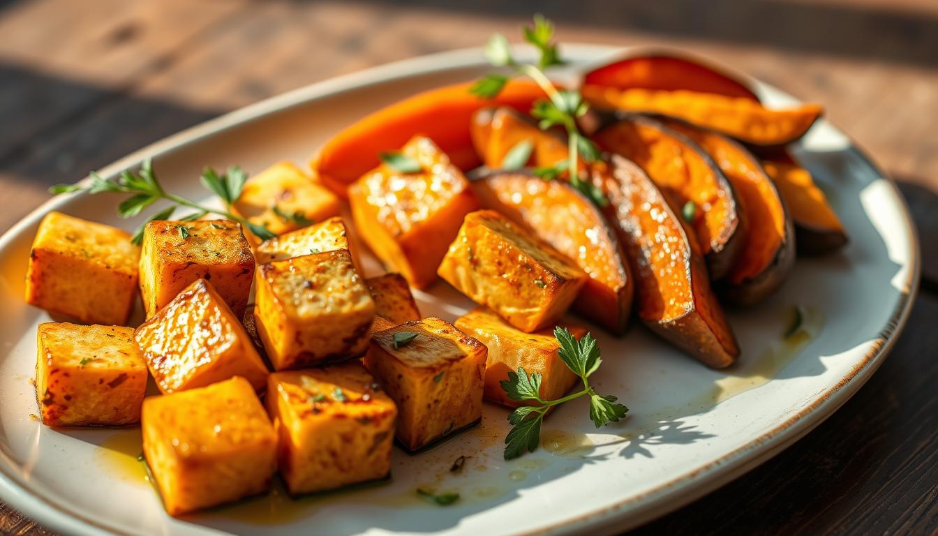 Baked tofu with sweet potatoes for fibromyalgia