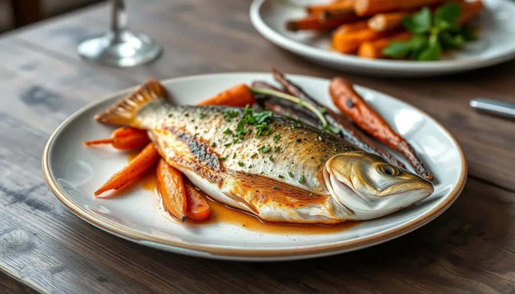 Baked trout with roasted carrots