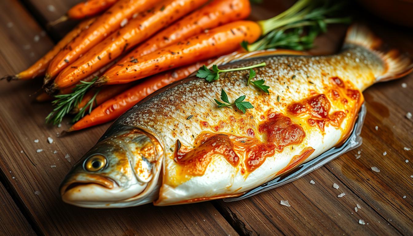 Baked trout with roasted carrots for fibromyalgia