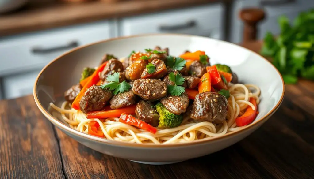 Beef stir-fry with rice noodles