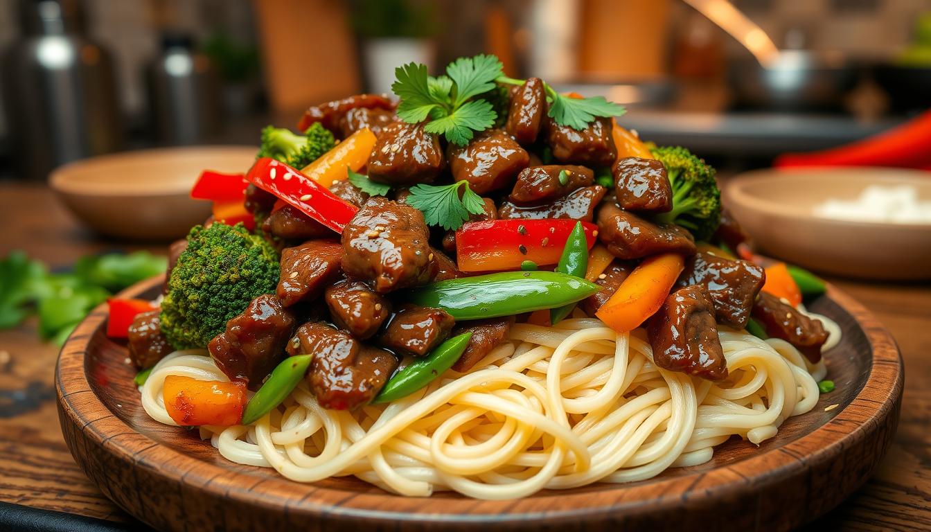 Beef stir-fry with rice noodles for fibromyalgia