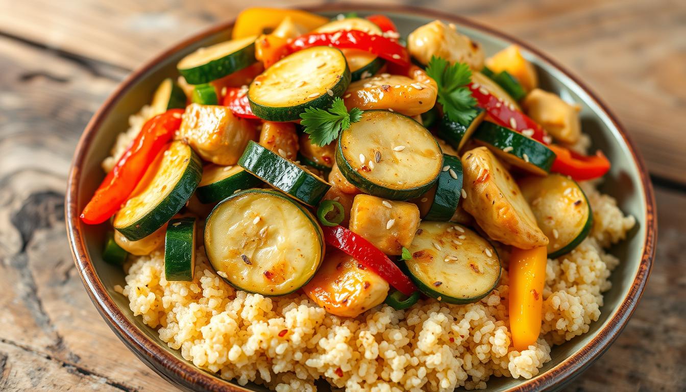 Chicken zucchini stir-fry with quinoa for fibromyalgia