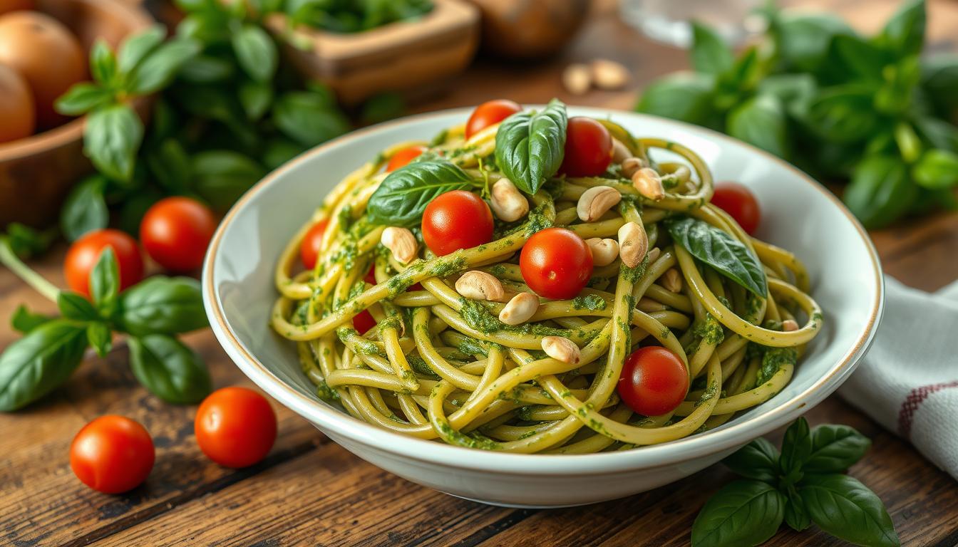 Gluten-free pasta with pesto for fibromyalgia