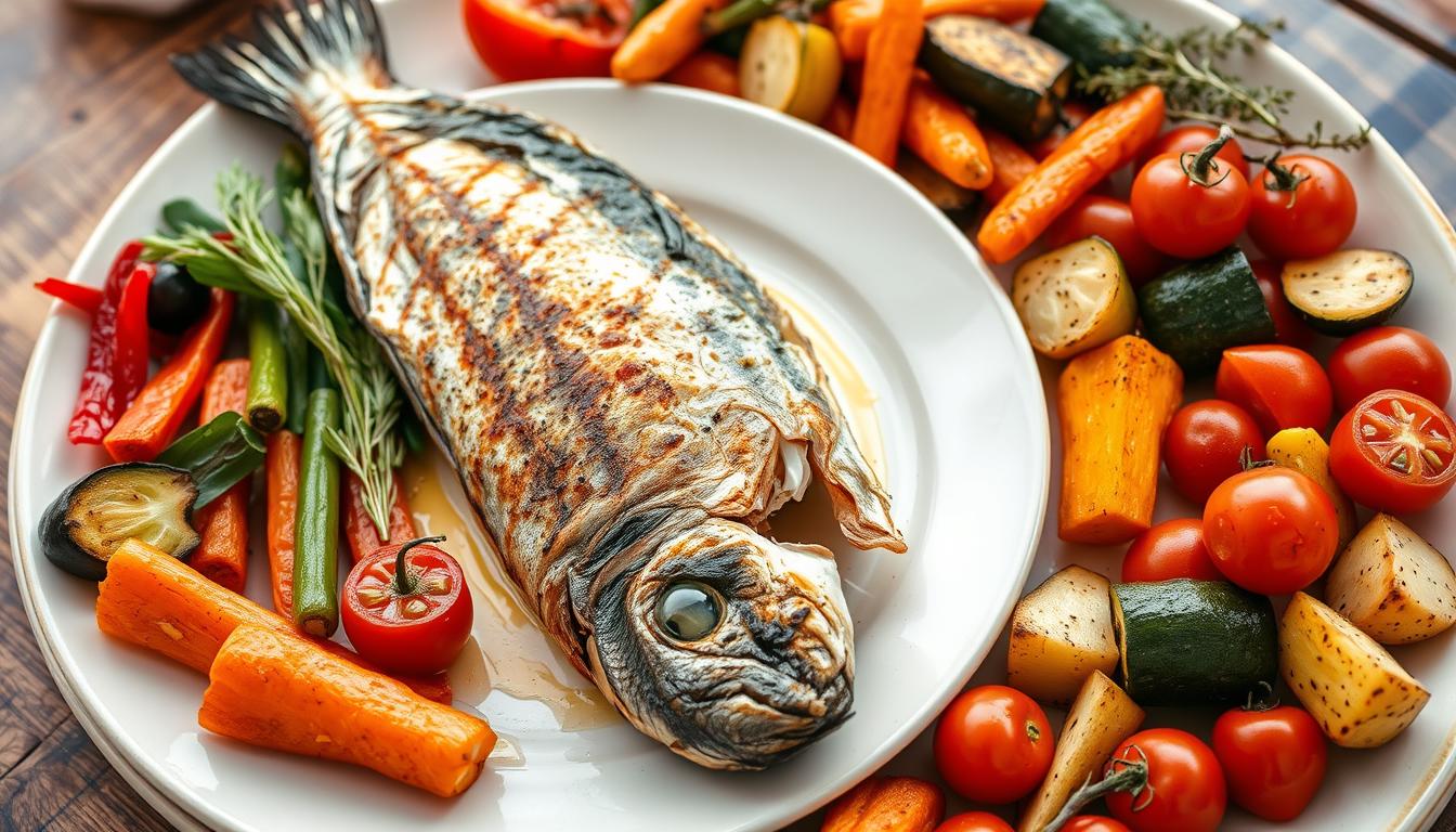 Grilled mackerel with roasted vegetables for fibromyalgia