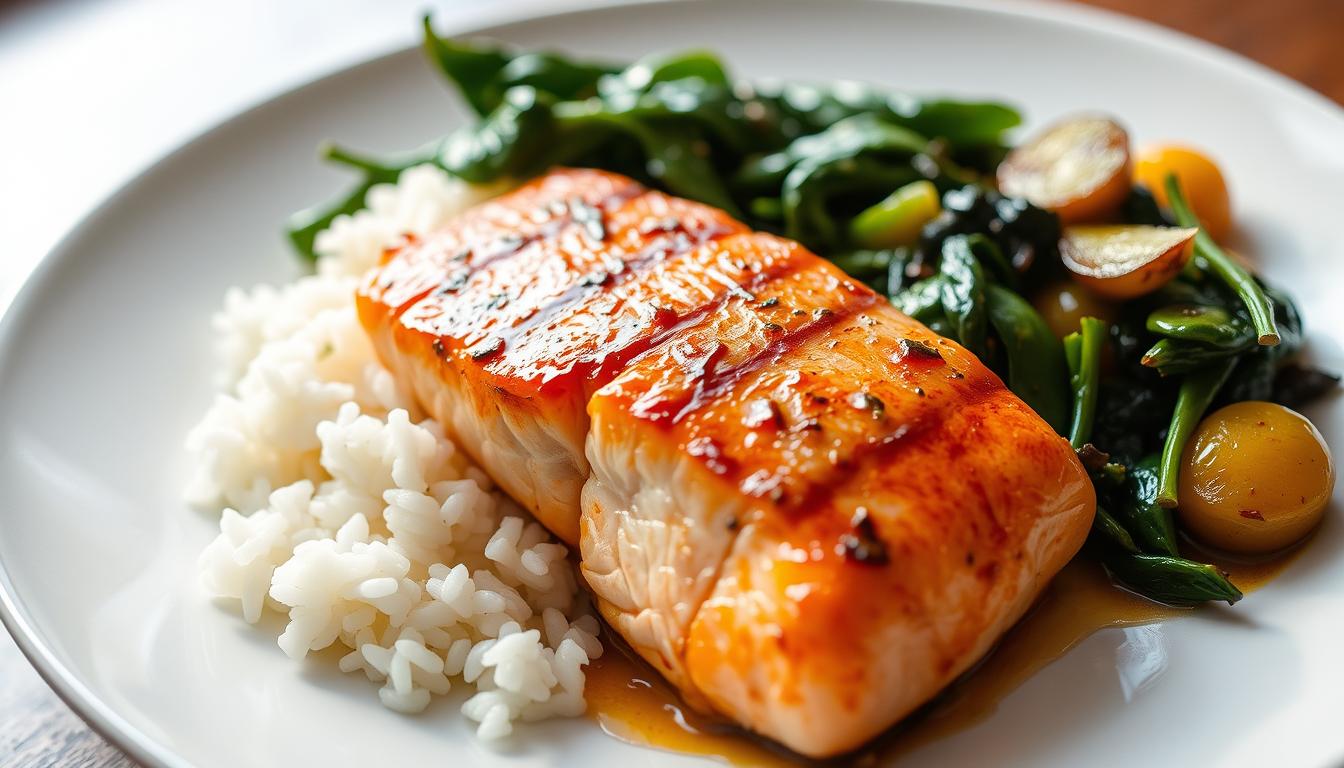 Grilled salmon with spinach and rice for fibromyalgia