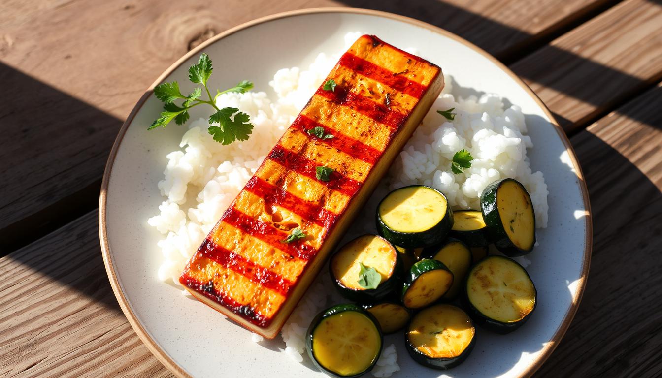 Grilled tofu with rice and zucchini for fibromyalgia