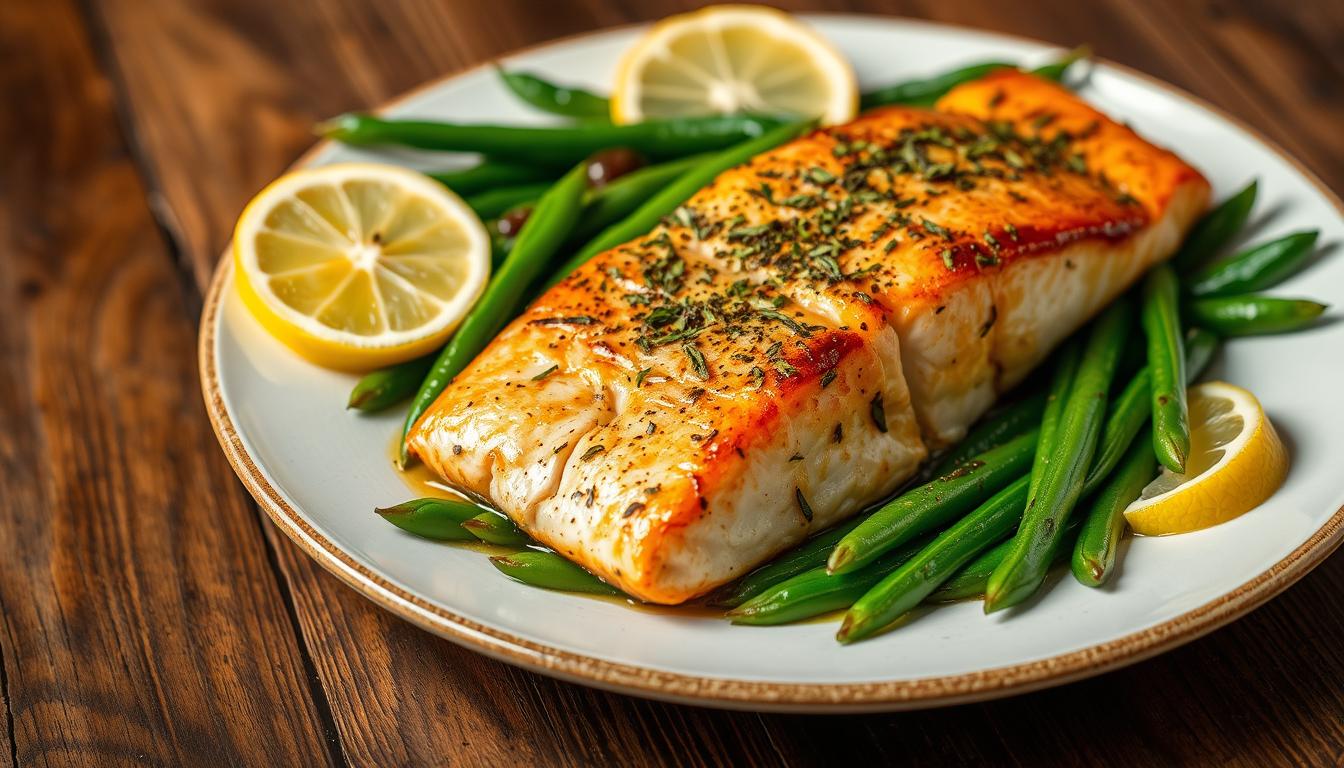 Roasted salmon with green beans for fibromyalgia