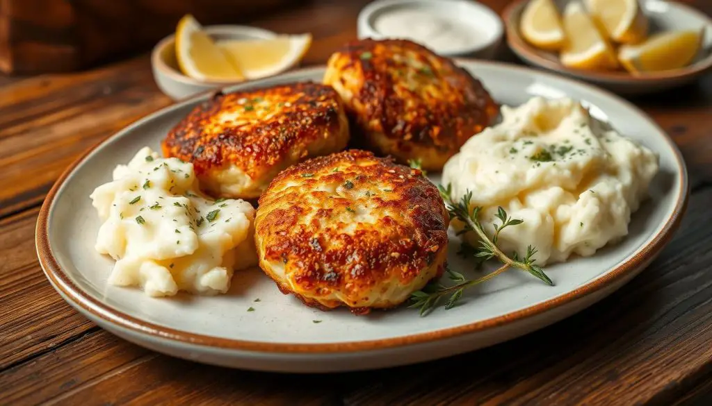 Salmon cakes with mashed potatoes