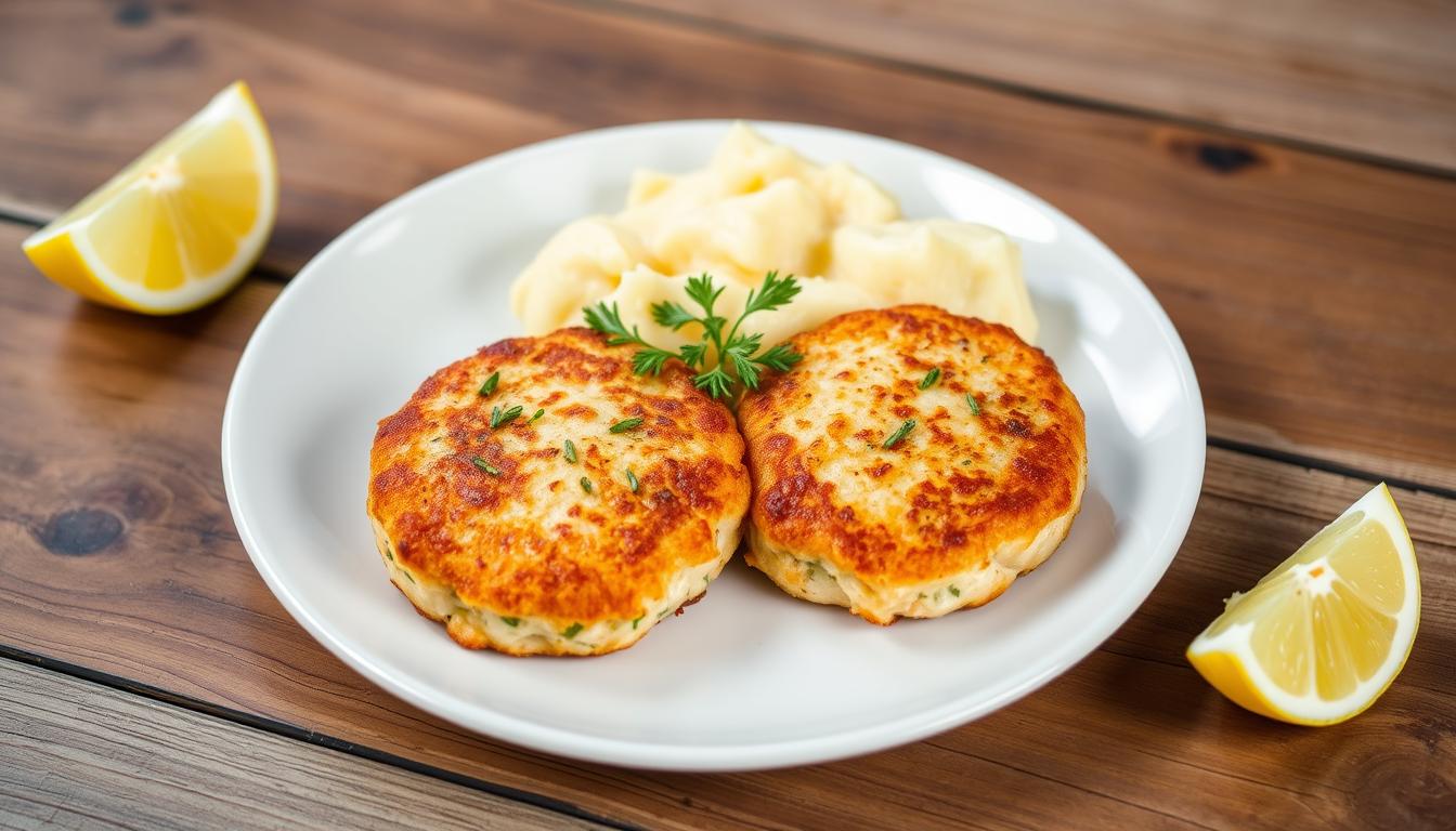 Salmon cakes with mashed potatoes for fibromyalgia